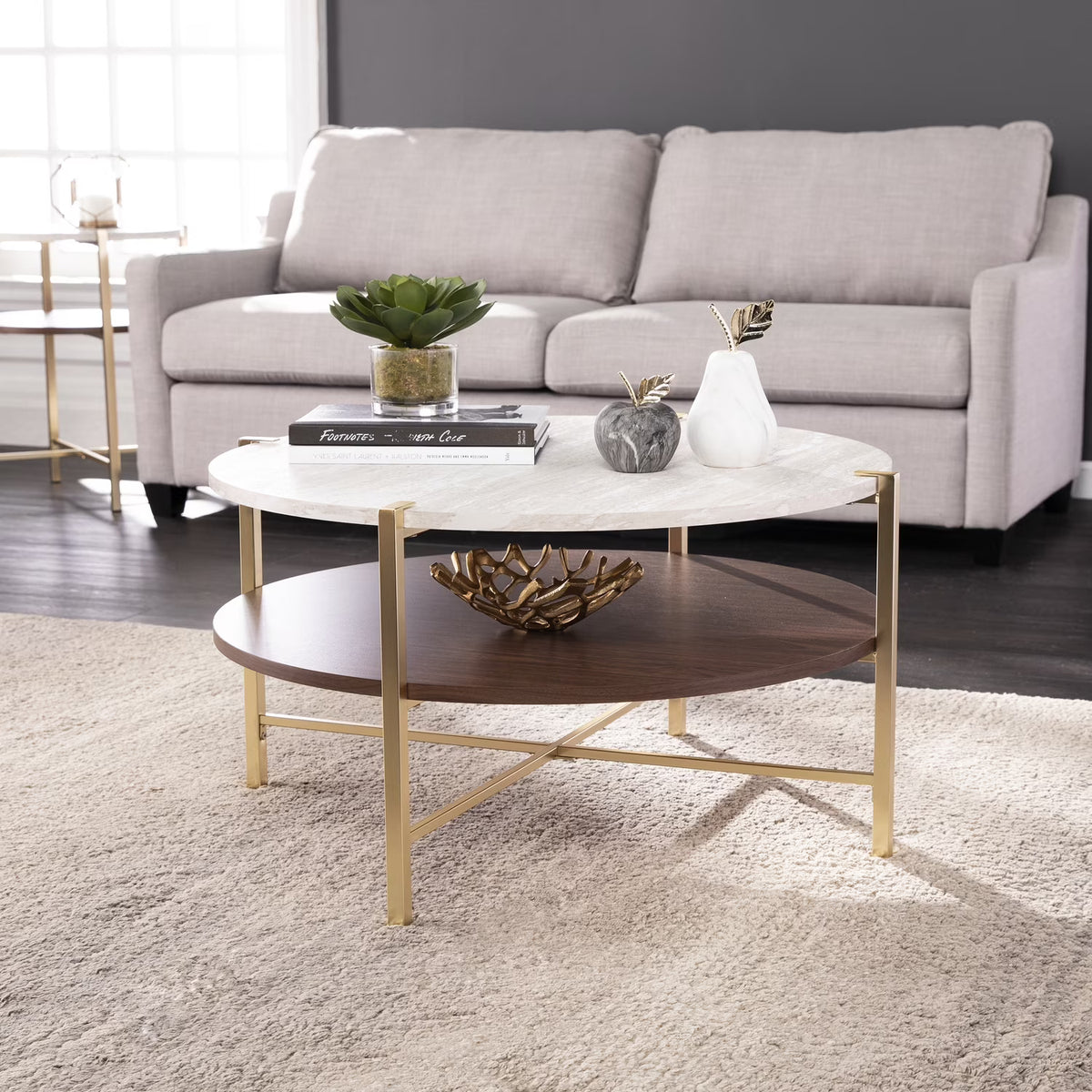 Ardmillan 2-Tier Round Faux Marble-Top Cocktail Table in Brass/Dark Tobacco