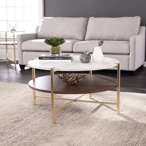 Ardmillan 2-Tier Round Faux Marble-Top Cocktail Table in Brass/Dark Tobacco