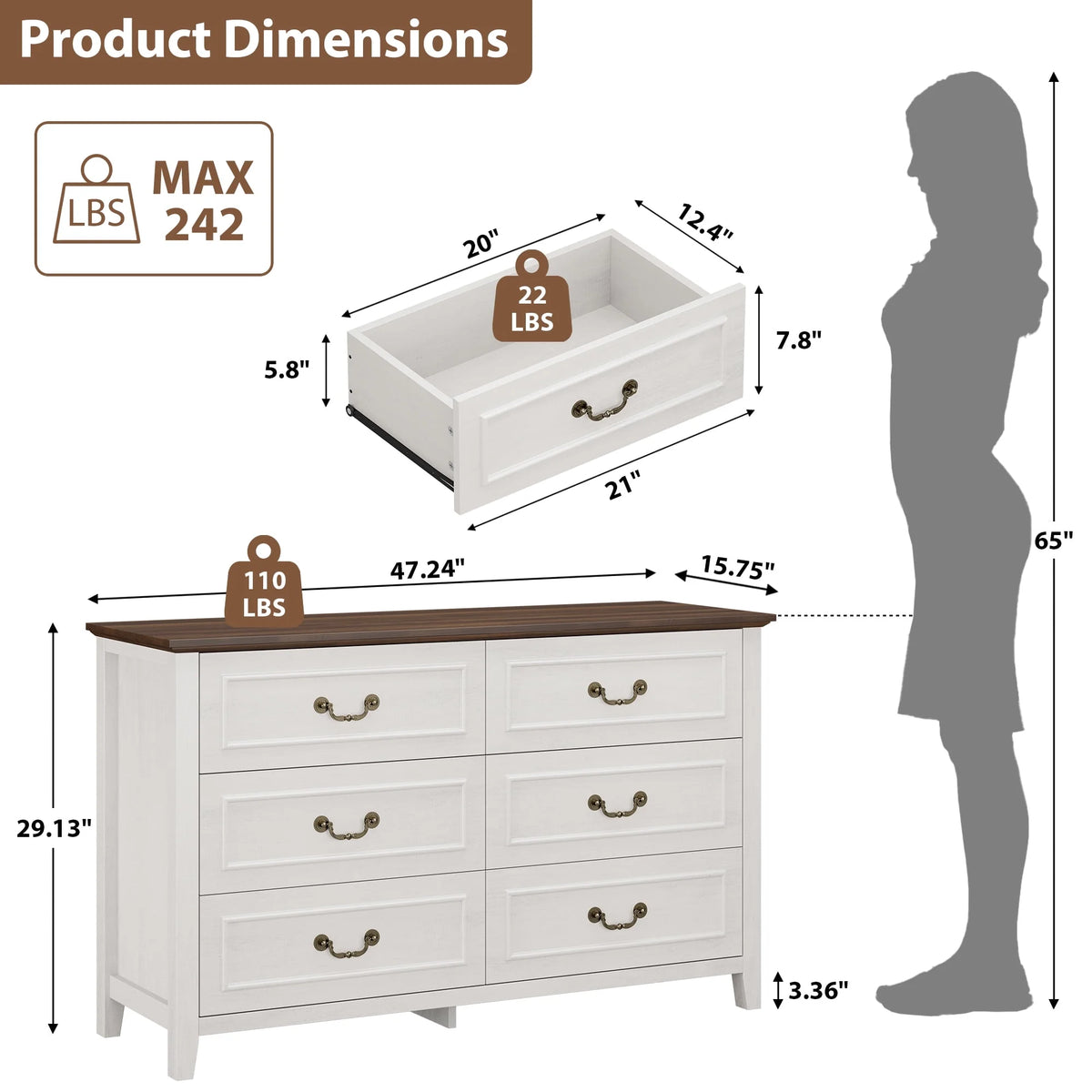 GIKPAL White Dresser for Bedroom, 6 Drawers Wood Dresser with Antique Handles, Farmhouse Rustic Chest of Drawers for Bedroom, Living Room, Entryway & Hallway