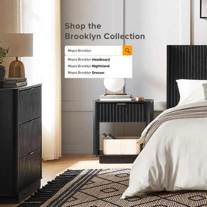 Mopio Brooklyn Oak Nightstand, Modern Farmhouse Side Table with Drawer and Storage, Fluted Panel, Curved Profile, Rose Gold Handle
