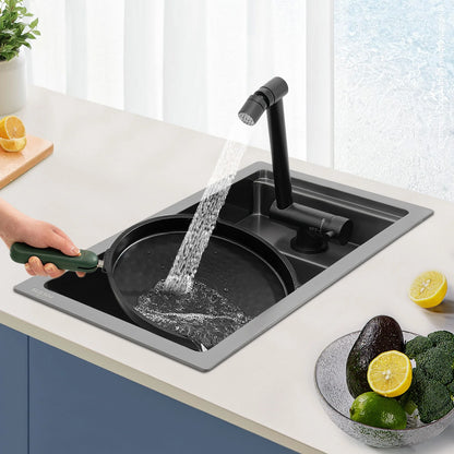 Modern Drop in Bar Sink, Single Bowl Kitchen Sink with Foldable Faucet, Black Nano 304 Stainless Steel Utility Sink for Compact Kitchen Commercial Hotel RV Laundry