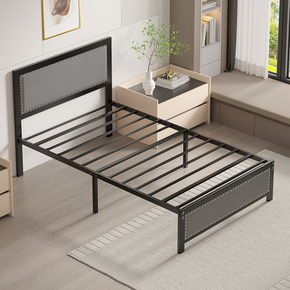 VECELO Queen Size Bed Frame Metal Platform Bed with Upholstered Headboard, No Box Spring Needed, Black