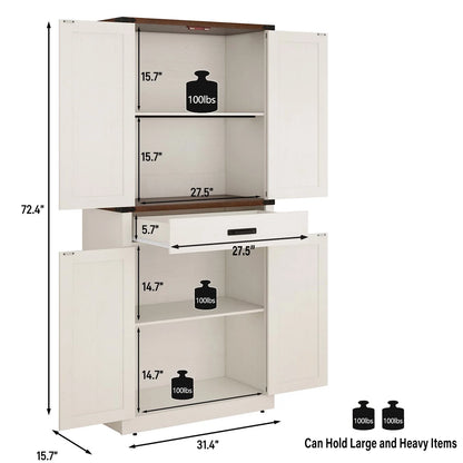 72" Tall Farmhouse Kitchen Pantry Cabinet w/1 Drawer & 4 Roomy Storage Shelves, Versatile Wood Storage Cabinet with 4 Barn Door & Adjustable Shelves &  for Dining Room Bathroom Utility Room