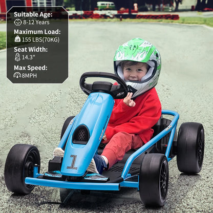 Geetinfly Go Kart for Kids,24V Battery 300WX2 Motors Pedal On Foot Go Cart,8MPH High Speed Drifting Car with Slow Start Function,Music,White