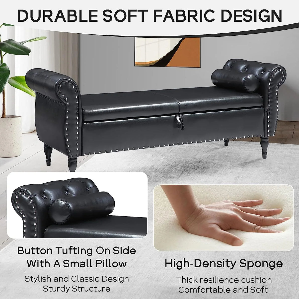 Sumdeal 43.5" Storage Ottoman Bench with 250lb Seating, Linen Upholstered Wood Legs Safety Hinge Flip Top Oval Foot Rest Long Stool for Sofa Couch Bedroom End of Bed Living Room Entryway, White