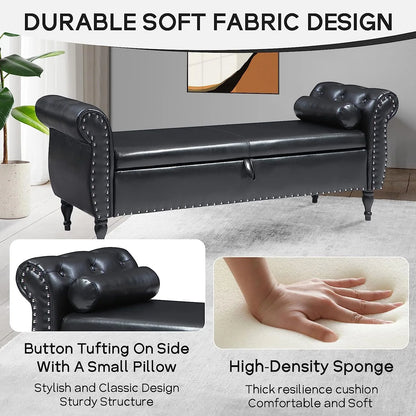 Sumdeal 43.5" Storage Ottoman Bench with 250lb Seating, Linen Upholstered Wood Legs Safety Hinge Flip Top Oval Foot Rest Long Stool for Sofa Couch Bedroom End of Bed Living Room Entryway, White