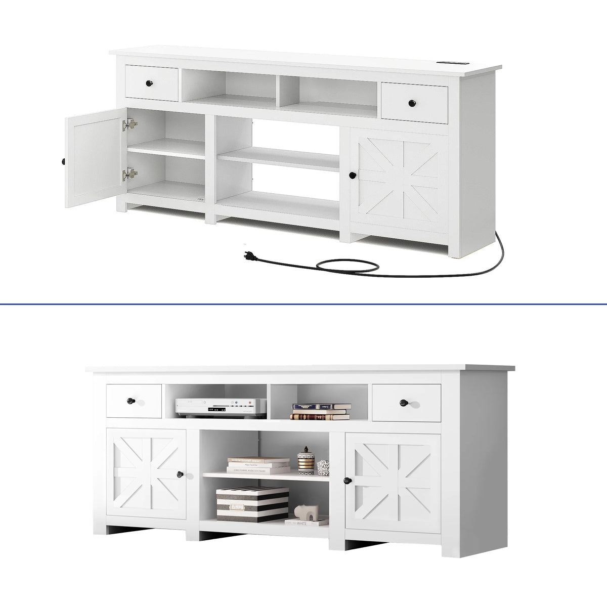 Dextrus Country-style Media Console, TV Cabinet with Built-in Power Socket for Screens up to 80'', Television Stand with Adjustable Divider & Drawer Storage, Vintage TV Unit for Lounge, White