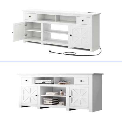 Dextrus Country-style Media Console, TV Cabinet with Built-in Power Socket for Screens up to 80'', Television Stand with Adjustable Divider & Drawer Storage, Vintage TV Unit for Lounge, White