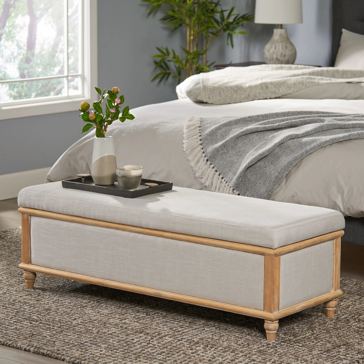 Noble House Hampton Contemporary Fabric Upholstered Storage Ottoman, White and Blue Floral