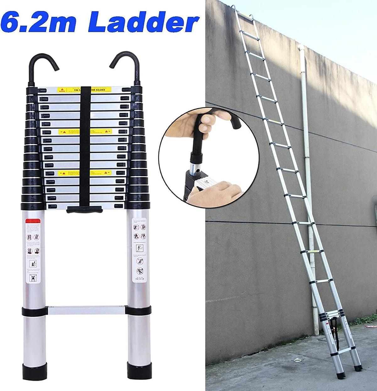 Jupiter Multi-Purpose Telescoping Extension Ladder with 2 Detachable Hooks, 20 ft, Aluminum Silver