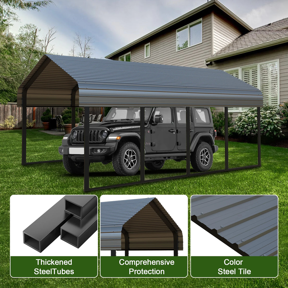 10x20 ft Portable Garage Heavy-Duty Metal Carport Canopy Kit，All-Weather Shelter with Reinforced Galvanized Steel Frame，for RV, Truck, Boat & 1 Cars Storage，Multi-Use Party Tent