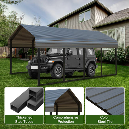 10x20 ft Portable Garage Heavy-Duty Metal Carport Canopy Kit，All-Weather Shelter with Reinforced Galvanized Steel Frame，for RV, Truck, Boat & 1 Cars Storage，Multi-Use Party Tent