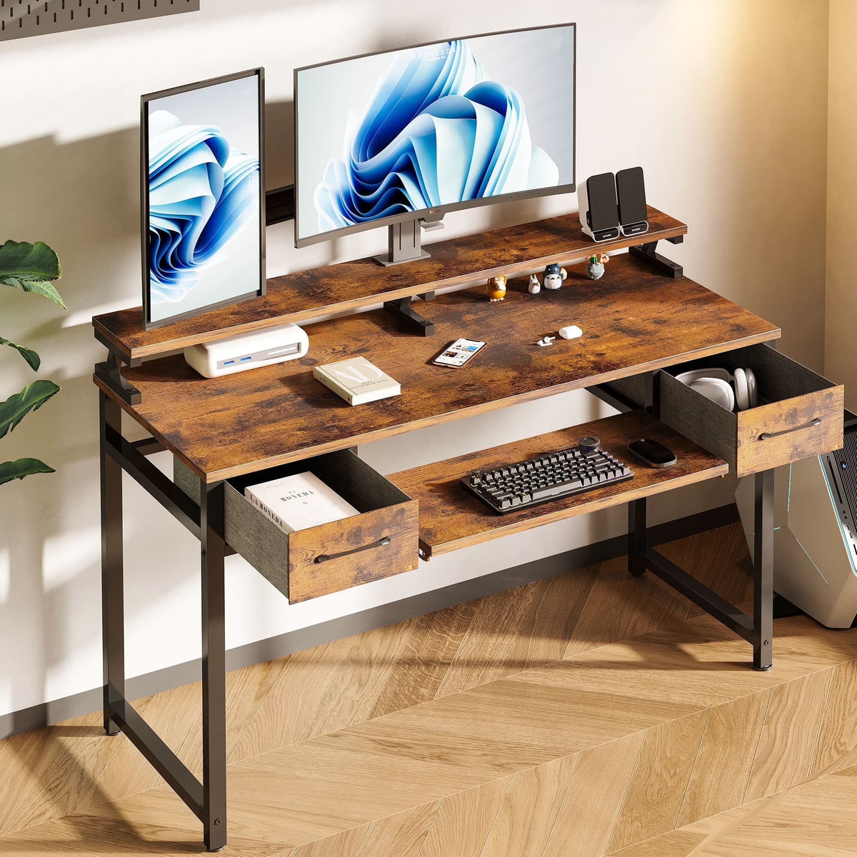 White Computer Desk with Drawers for Storage - 48 inch Home Office Desk with 8 Fabric Drawers, Writing Study Desk with Drawers on Both Sides for Bedroom