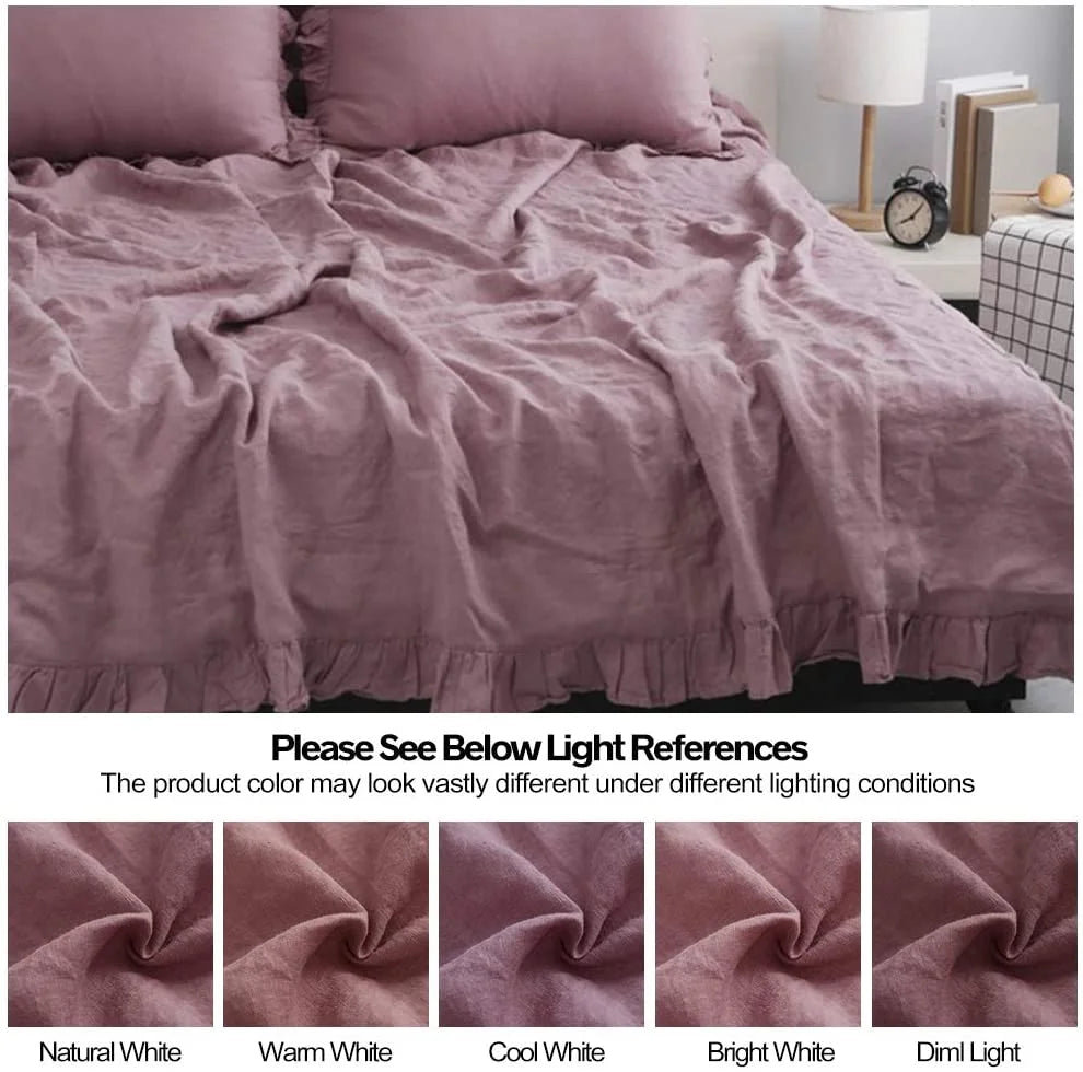 Simple&Opulence 100% Washed Linen Duvet Cover Set-3 Pieces Shabby Chic Premium Ruffled Bedding with 1 Comforter Cover and 2 Pillowshams France Flax High End Frill Sets Vintage Style(King, White)