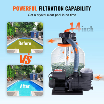 VEVOR Sand Filter Pump for Above Ground Pools,14-inch, 3000 GPH, 3/4 HP Swimming Pool Pumps System & Filters Combo Set with 6-Way Multi-Port Valve & Strainer Basket,for Domestic and Commercial Pools