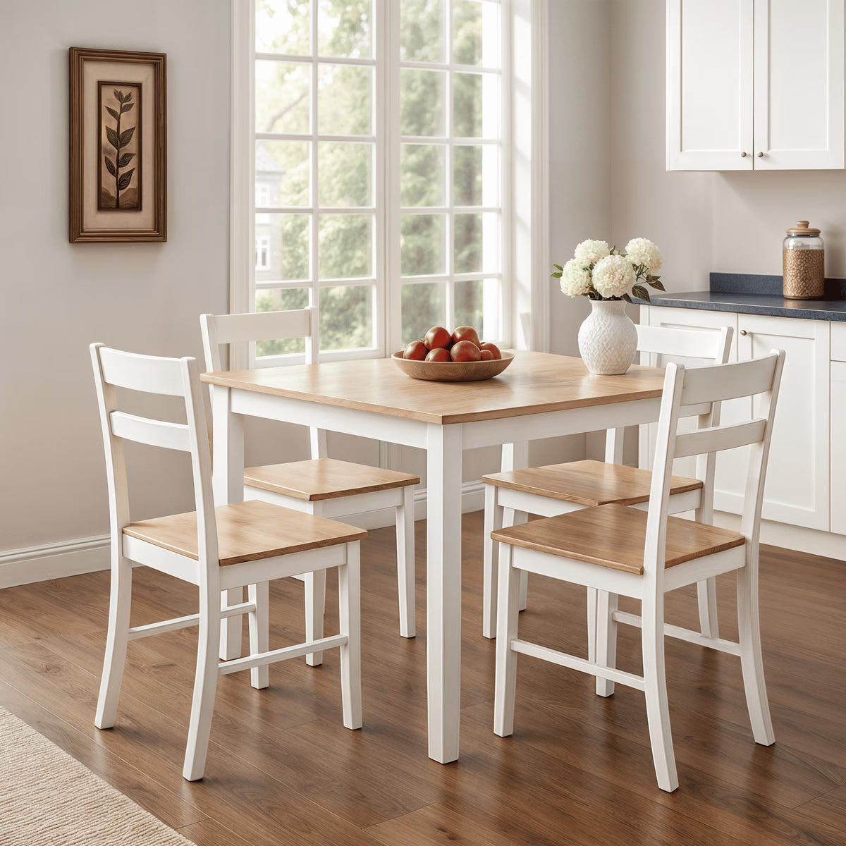 Mainstays 5-Piece Dining Set, 1 Table and 4 Chairs, White, MDF and Rubberwood, Indoor, 46" L x 29" W x 30" H Table