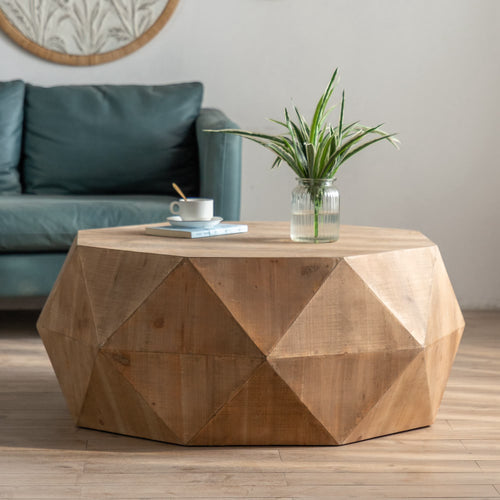 38"Three-dimensional Embossed Pattern Coffee Table, Octagon Coffee table, American Retro Style Coffee Table for Office, Dining Room and Living Room, Nature