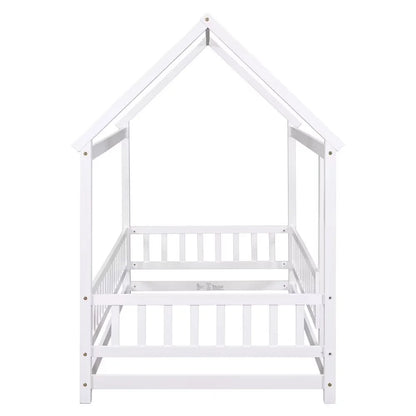 Twin Size House Bed for Boys and Girl, Wooden Canopy Bed Tent Bed, Playhouse Design Bed Frame with Full-lenth Guardrail, Bedroom Furniture, 79.5��L x 44.8��W x 66.2��H, White