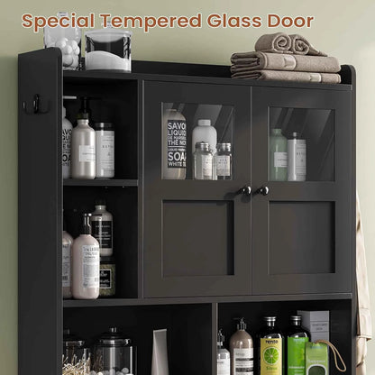 Over The Toilet Storage Cabinet with 3 Doors, Farmhouse Space Saver for Bathroom Organizer with Paper Holder, 10 Shelves and Hooks, 7-Tier Over Washing Machine Cabinet for Laundry, Bathroom, Natural