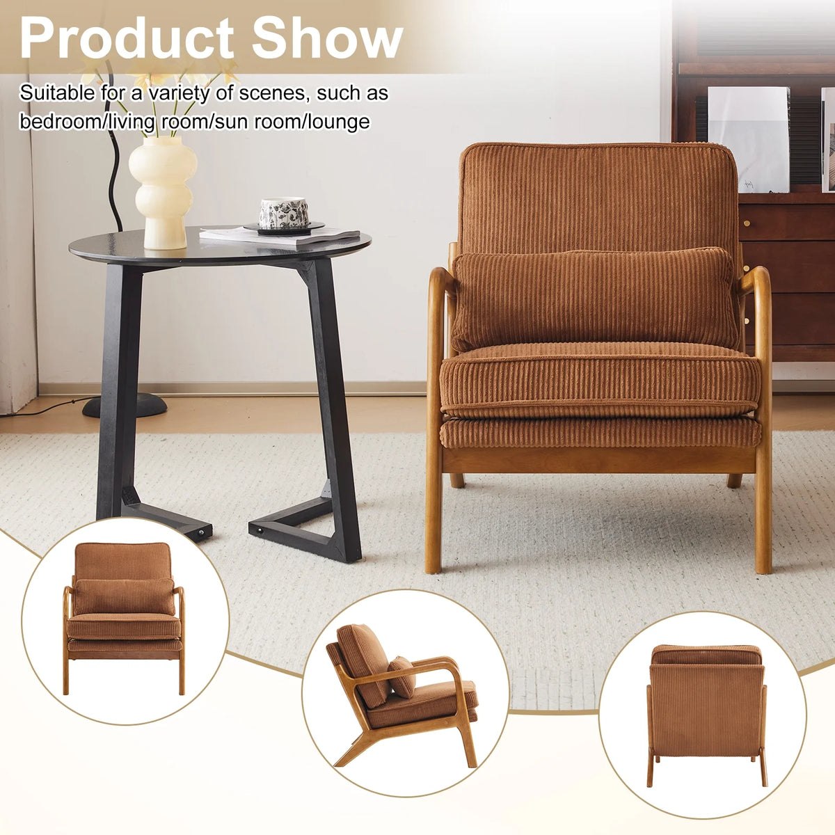 Ktaxon Accent Chair Corduroy Upholstered Armchair, Reading Club Chair with Pillow and Solid Wood Frame for Living Room Bedroom Furniture Off White