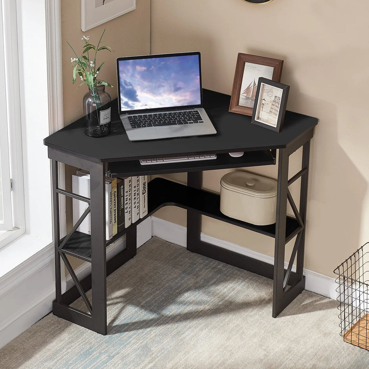 VECELO Corner Computer Desk with Keyboard Tray and Storage Shelf, Student Study Writting Table Workstation for College Dorm Apartment Home Office, Black (90 Degrees)