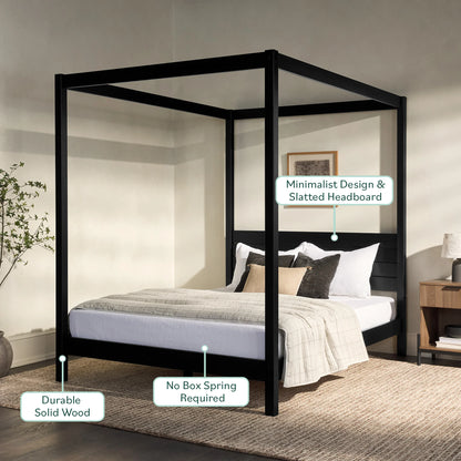 Walker Edison Minimalist Slatted Wood Queen Canopy Bedframe, Natural Pine