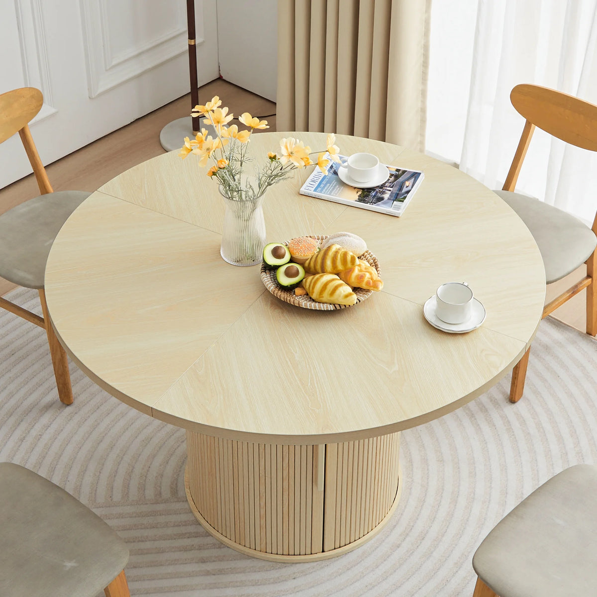 Wirrytor Round Dining Table, Modern Farmhouse Kitchen Table, 47 Inch Coffee Circle Dining Tables with Wood Strip Base for Kitchen Living Room, Black