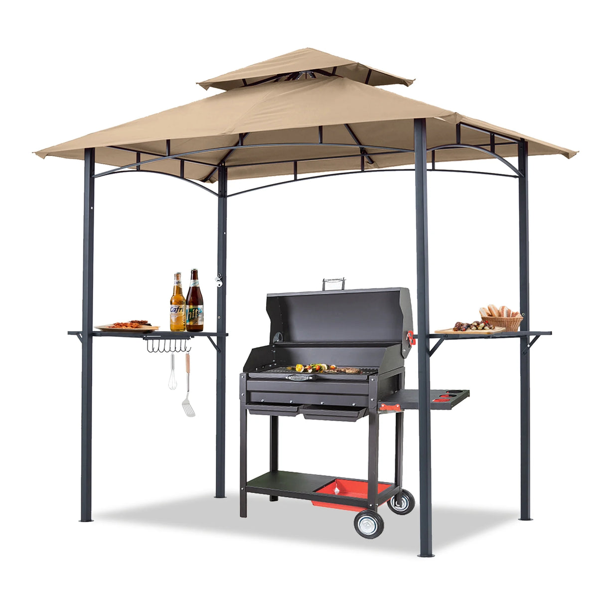 ABCCANOPY 8'x 5' Grill Gazebo Shelter, Double Tier Outdoor BBQ Gazebo Canopy with LED Light(Brown)