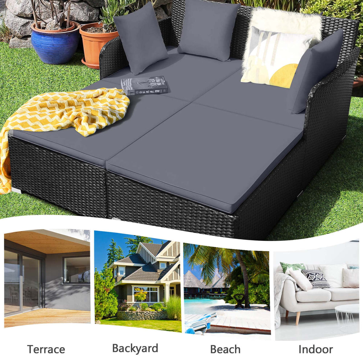 Costway Outdoor Patio Rattan Daybed Pillows Cushioned Sofa Furniture Beige