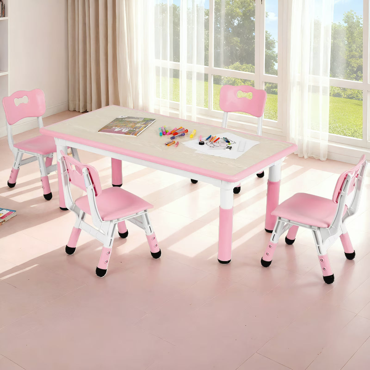 Arlopu Toddler Table and Chair Set Height Adjustable, Kids Activity Table for Reading, Drawing, Eating, Studying, Max 220lbs