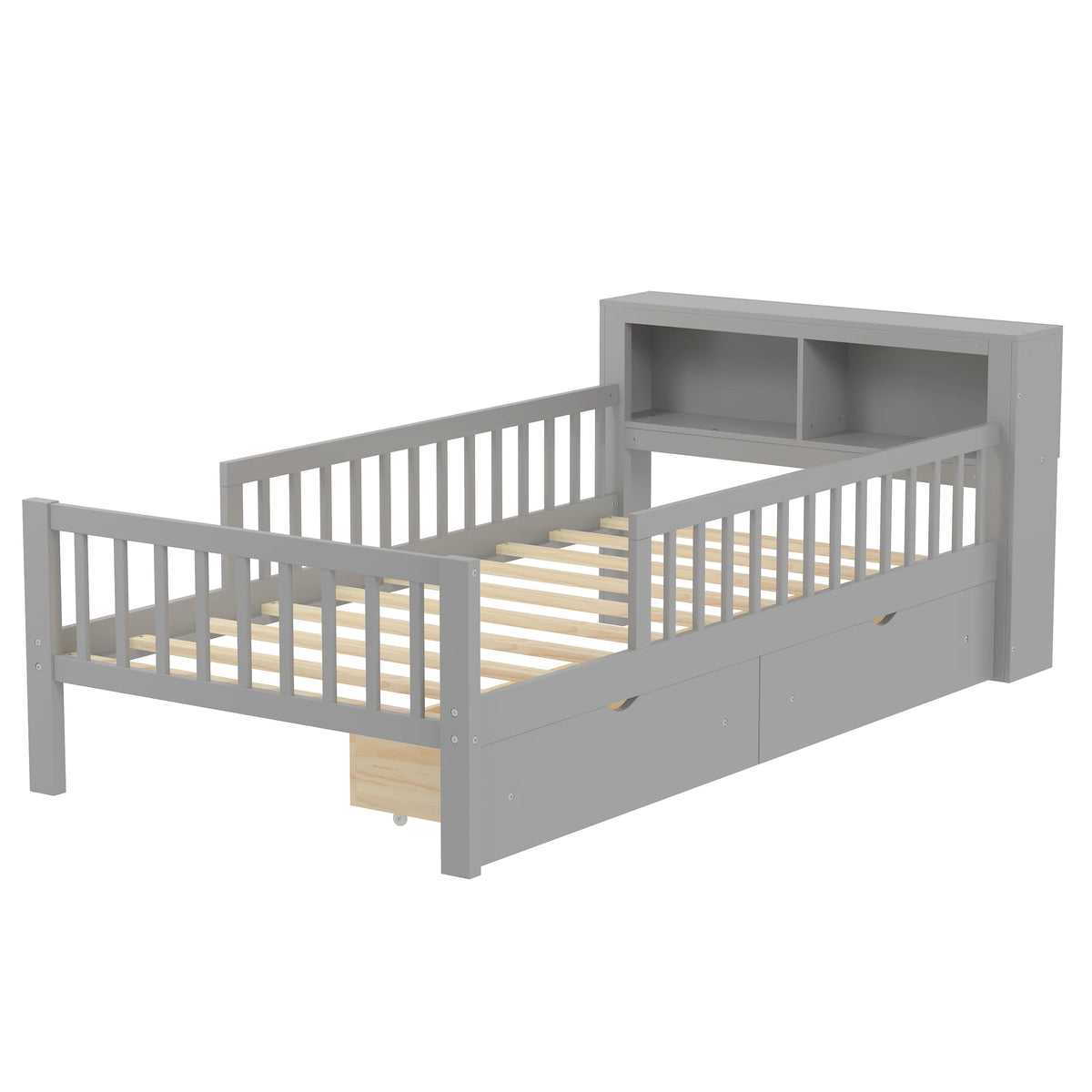 Euroco Wood Twin Size Platform Bed with Storage Headboard and Drawers, Low Profile Bed with Guardrails for Kids and Toddlers, White