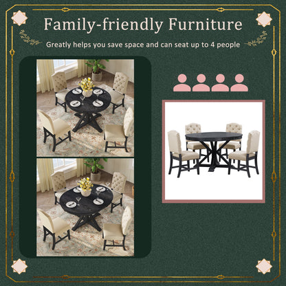 Besthome Farmhouse Extendable Round Kitchen Dining Room Table Set with Upholstered Chairs of 4, 5 Piece Round Dining Table Set with Extendable Table, Espresso