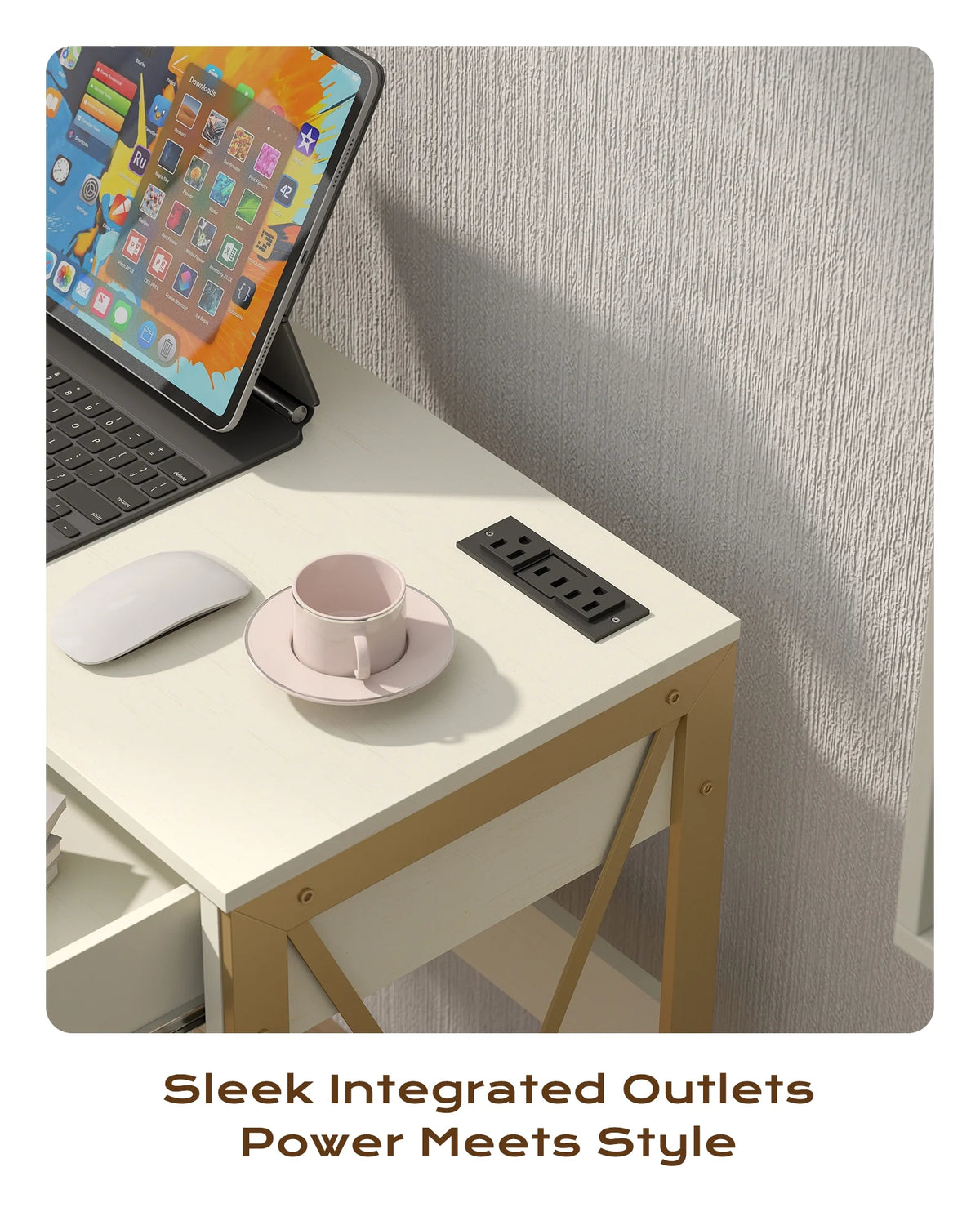 Manxile Fluted Computer Desk with USB Ports & Power Outlet, Modern White Study Table with Drawers