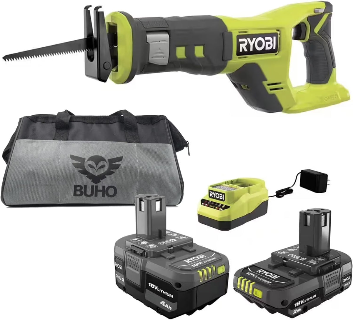 Cordless Reciprocating Saw Bundle with Ryobi 18V Reciprocating Saw 4.0 Ah and 2.0 Ah Battery 18-Volt Lithium-Ion Charger 16 Inch Buho Tool Bag