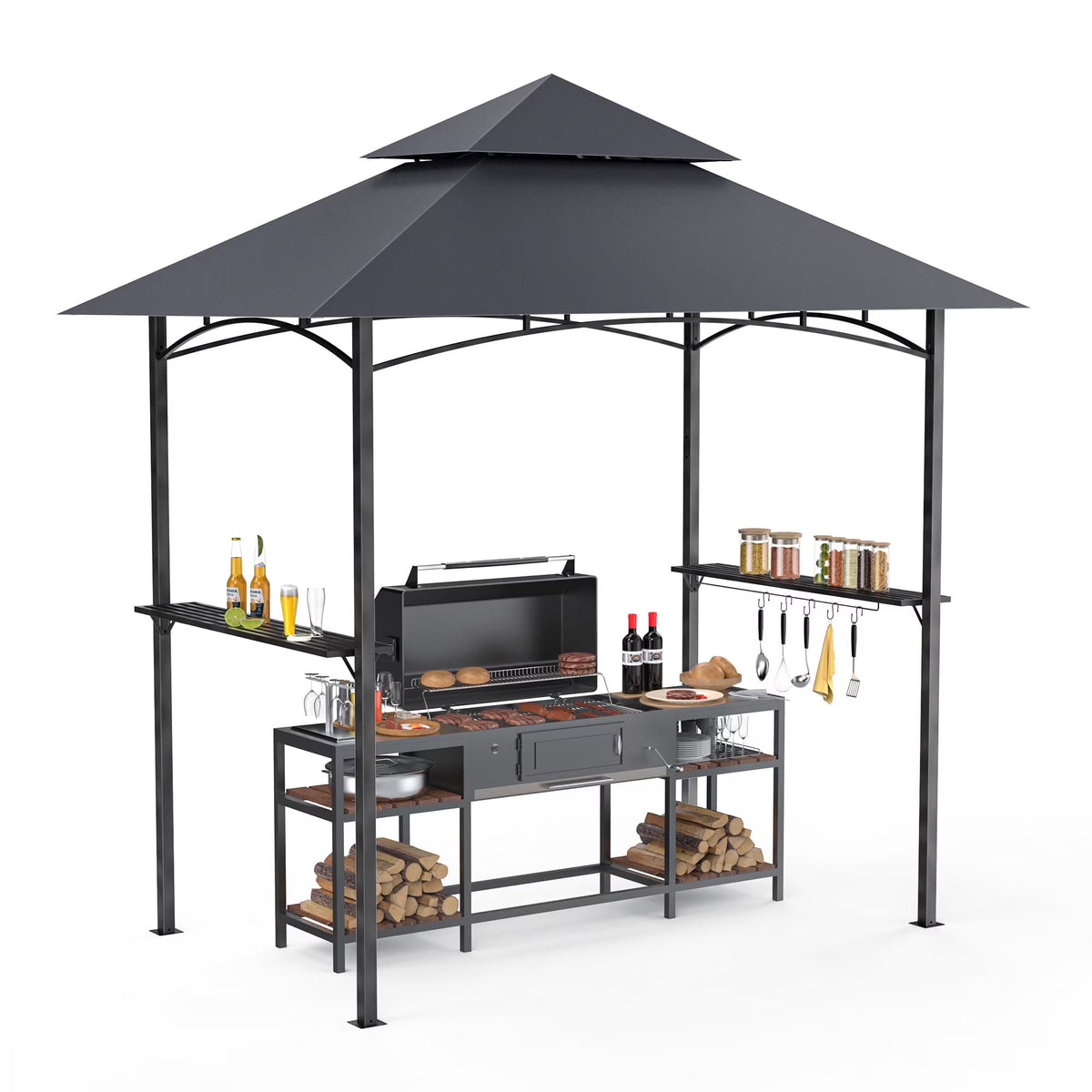 GVDV 8'x 5' Grill Gazebo Canopy, Outdoor BBQ Gazebo Shelter with 2 Side Shelves & Double-Tiered Top