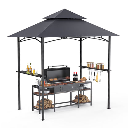 GVDV 8'x 5' Grill Gazebo Canopy, Outdoor BBQ Gazebo Shelter with 2 Side Shelves & Double-Tiered Top
