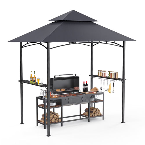 GVDV 8'x 5' Grill Gazebo Canopy, Outdoor BBQ Gazebo Shelter with 2 Side Shelves & Double-Tiered Top