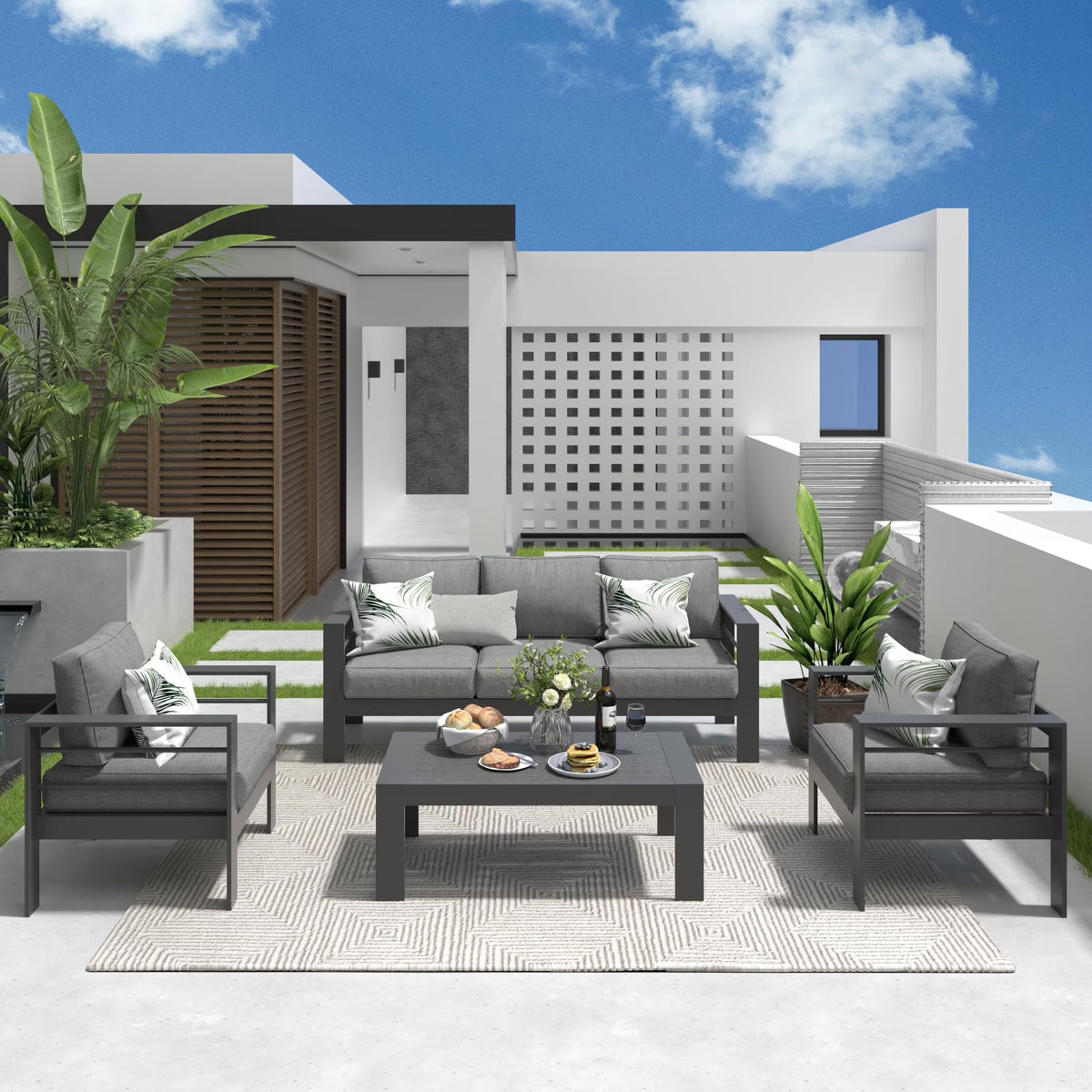 CozyHom 5 Pcs Outdoor Patio Aluminum Furniture Sofa Sets, Outside Patio Conversation Couch Sets With Table&Cushions for Garden Porch, Gray