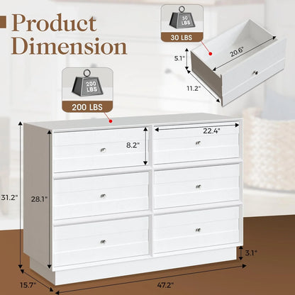 Heynemo Beige 6 Drawer Dresser, Fluted Modern Wood Chest