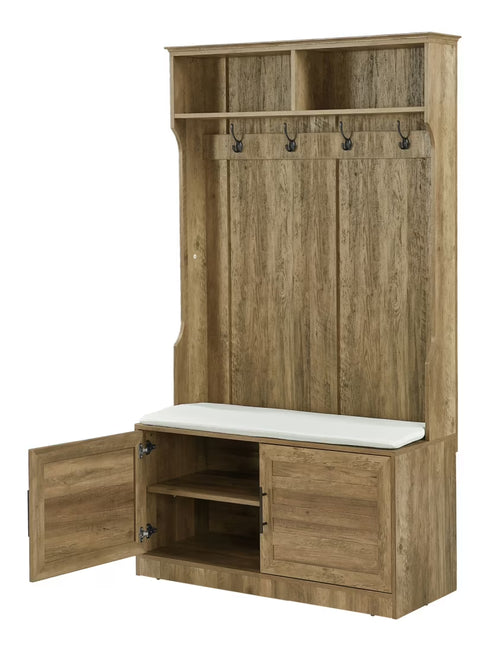 Entryway Hall Tree with Storage Bench, Wooden Coat Rack with Sponge Pad and 4 Dual Hooks, Storage Shelf Organizer with 2-Door Cabinet for Entryway, Bedroom, Easy to Assemble