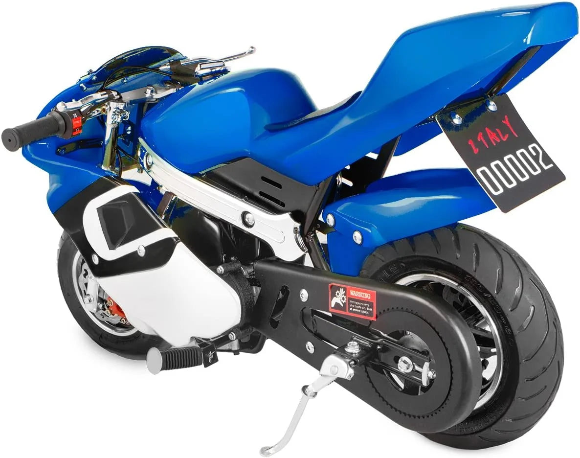 XtremepowerUS 40cc 4-Stroke Pocketbike, EPA Gas Motorbike for Kids, Dual Brake, Ride On Toy, Blue