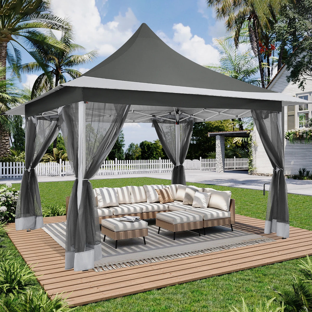 COBIZI 12x12 Outdoor Gazebo Pop Up Gazebo Canopy with Mosquito Netting Patio Tent Backyard Canopy with 2-Tiered Vented Top 3 Adjustable Height, Beige