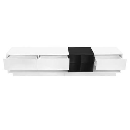 Modern TV Stand for 80 Inch TV, ON-TREND Sleek Two-Tone Media Console, Functional Storage Cabinet with Open & Hidden Compartments, Particle Board, Living Room Furniture, White