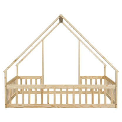 Bellemave Twin Size Floor Bed Frame, Wooden House Bed Twin Size with Fence, Montessori Bed with Guardrails for Bedroom (White)