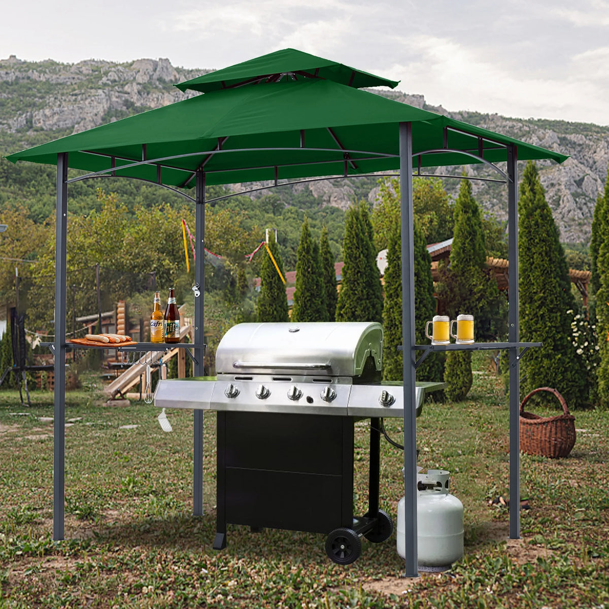 ABCCANOPY 8'x 5' Grill Gazebo Shelter, Double Tier Outdoor BBQ Gazebo Canopy with LED Light(Brown)