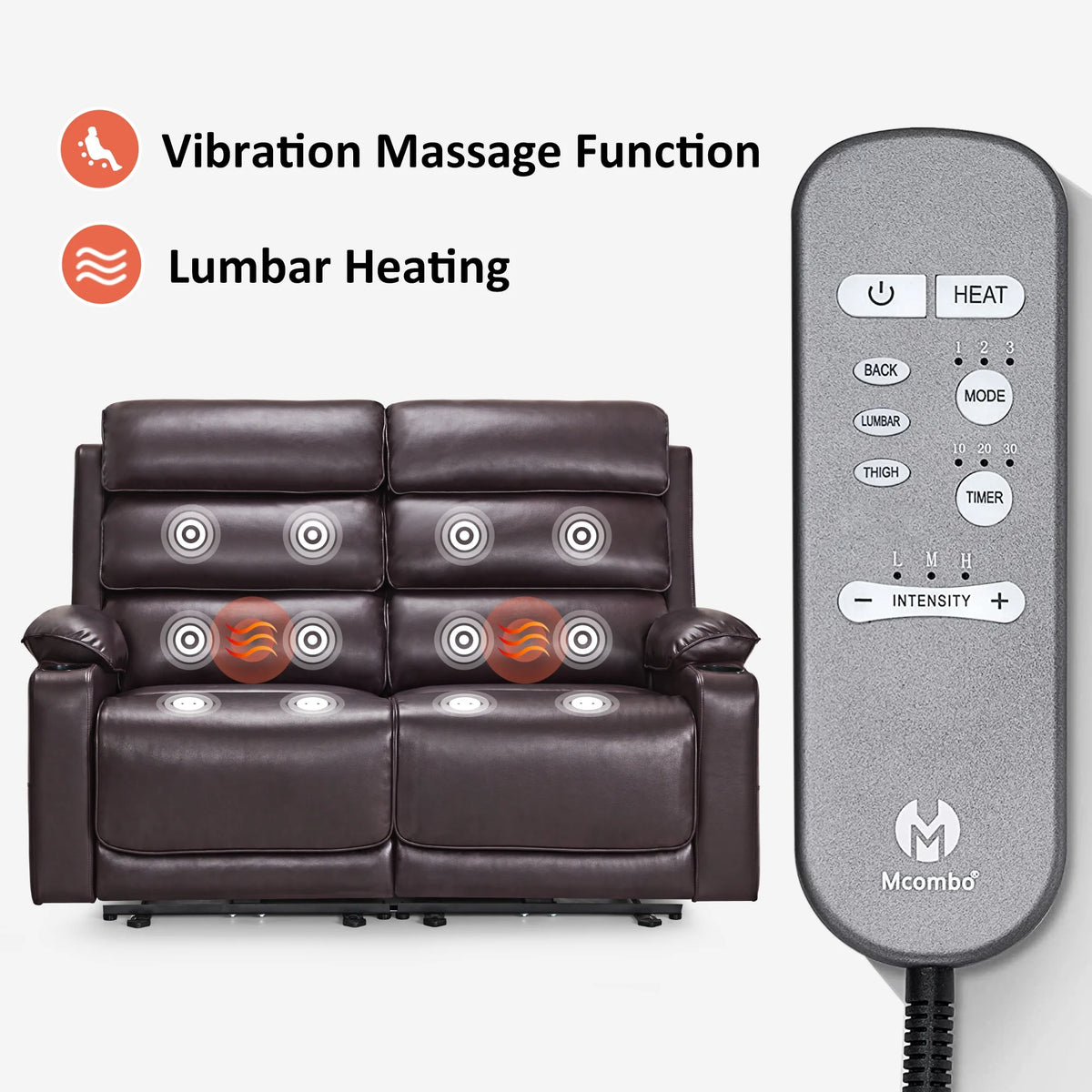 MCombo 63.4" Power Loveseat Recliner Sofa with Adjustable Headrest, Heat and Massage for Living Room, Faux Leather(Light Grey)