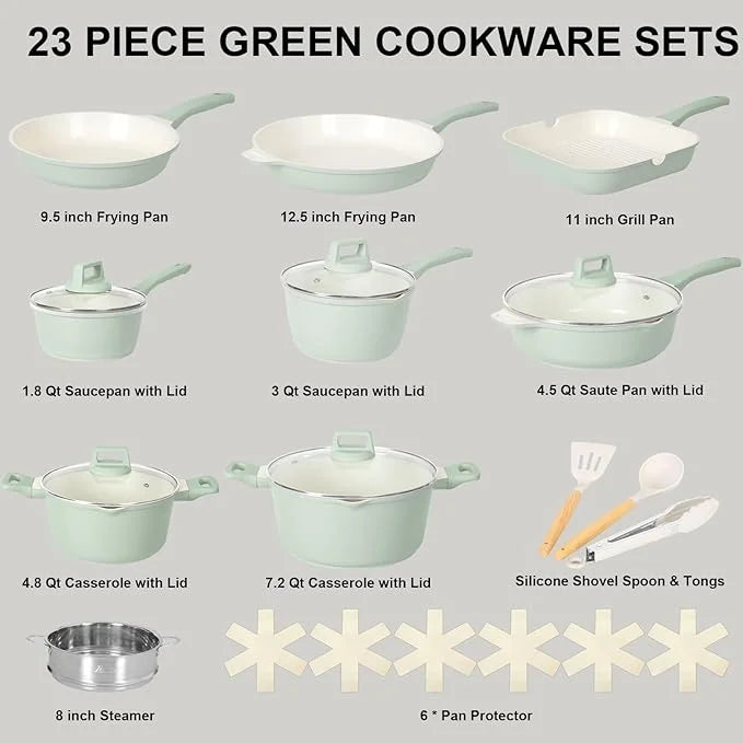 Romswi Nonstick Pots and Pans Set, 23 Piece Induction Cookware Sets Non-stick Ceramic Kitchen Sets with Utensil, Green