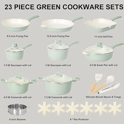Romswi Nonstick Pots and Pans Set, 23 Piece Induction Cookware Sets Non-stick Ceramic Kitchen Sets with Utensil, Green