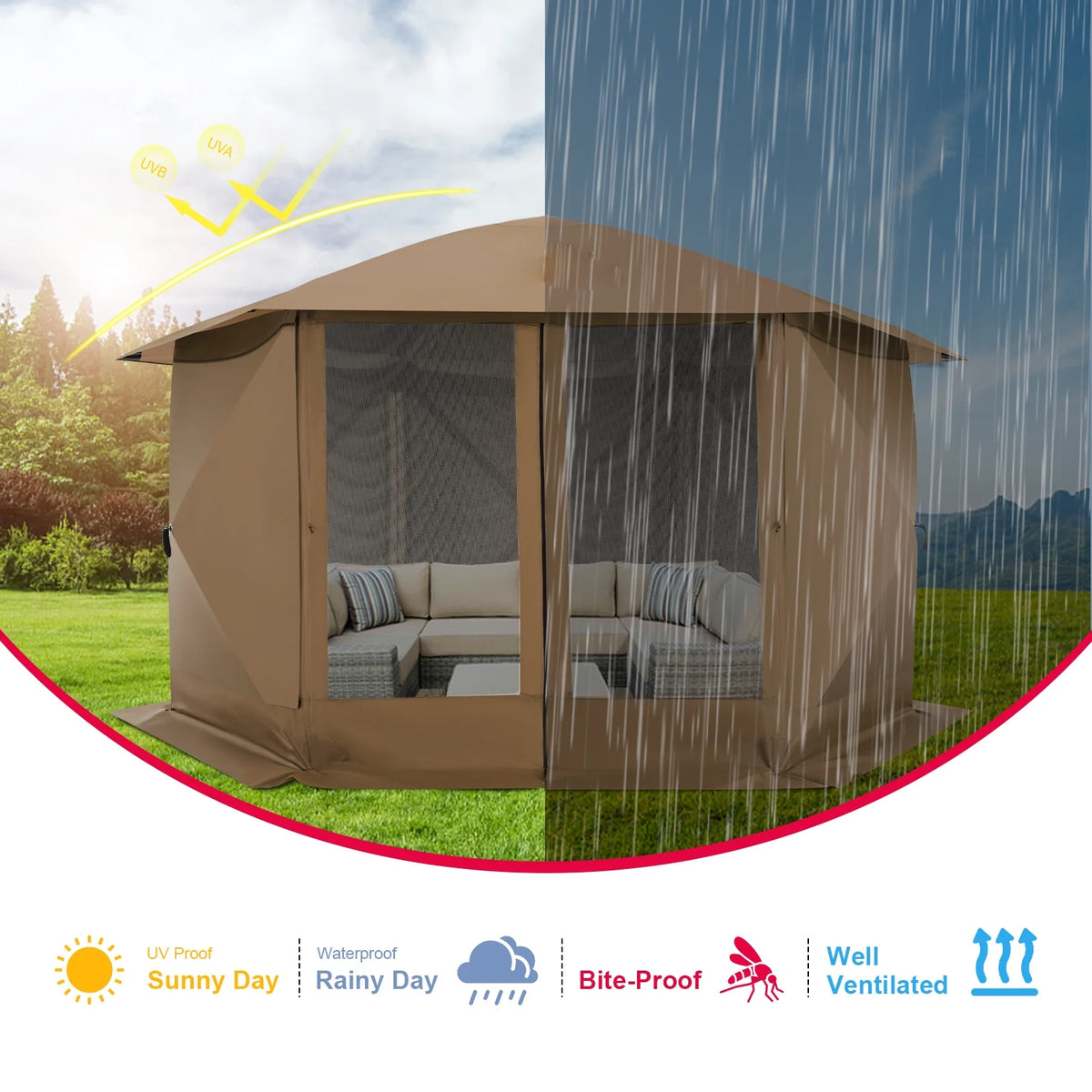 COBIZI 12'x12' Pop-up Gazebo Outdoor Camping Tent with 6 Sides Mosquito Netting, Waterproof, UV Resistant, Portable Screen House Room, Easy Set-up Party Tent with Carry bag, Ground Spike, Brown