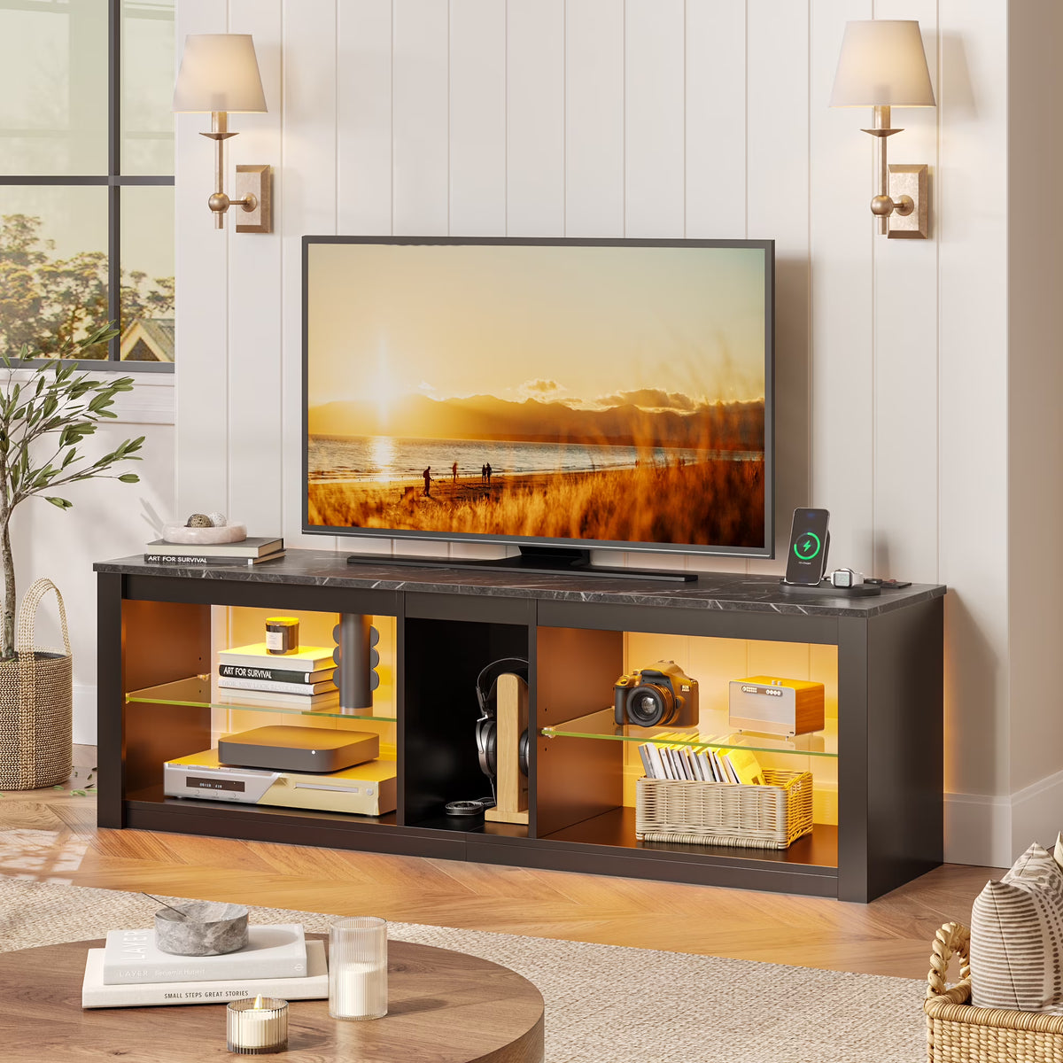 Bestier Entertainment Center with LED Lights TV Stand Media Console Table for TVs up to 60" in Light Grey